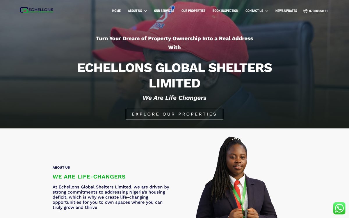 Echellons Global Shelters website designed by Topweb Technologies