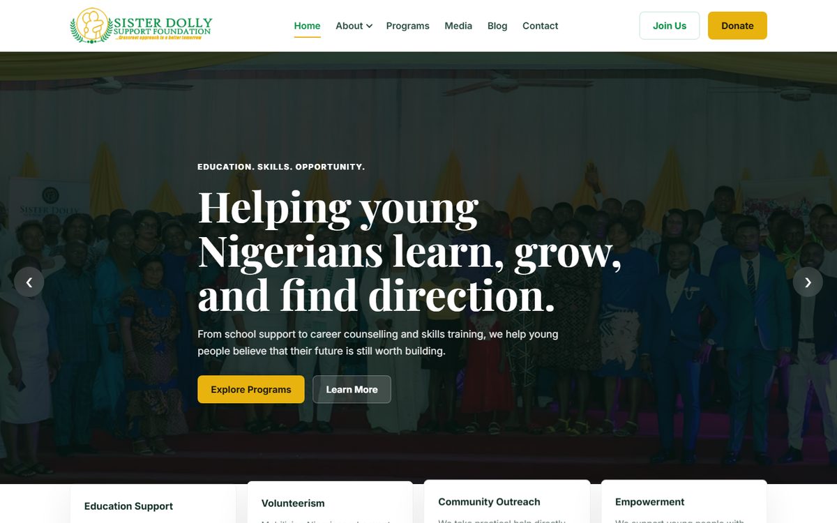 Sister Dolly Support Foundation website designed by Topweb Technologies