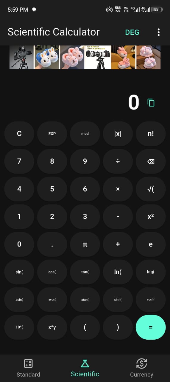 Scientific calculator in Camera Calculator app